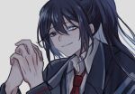  1boy bangs black_jacket blue_eyes blue_hair formal grey_background grin heterochromia highres hong_lu jacket limbus_company long_hair long_sleeves moth_ram necktie open_mouth own_hands_together polo_shirt ponytail red_necktie shirt simple_background smile solo teeth white_shirt 