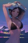  1girl armpits arms_up bikini bikini_top black_bikini black_hair blue_sky blurry blurry_background blush bokeh breasts brown_eyes depth_of_field film_grain grin halter_top halterneck hayami_kanade highres idolmaster idolmaster_cinderella_girls looking_at_viewer medium_breasts mossi mountainous_horizon navel outdoors shirt_removed short_hair sky smile solo swimsuit undressing upper_body yellow_eyes 