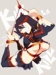  1girl absurdres aetherion barefoot bdsm beige_background black_hair bondage bound clenched_teeth highres kill_la_kill life_fiber matoi_ryuuko multicolored_hair red_hair senketsu short_hair simple_background solo streaked_hair suspenders suspension teeth thighhighs two-tone_hair 