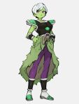  1girl ankle_boots armor bangs bare_arms black_wristband boots breastplate breasts broly_(dragon_ball_super) broly_(dragon_ball_super)_(cosplay) cheelai colored_skin cosplay dragon_ball dragon_ball_super dragon_ball_super_broly eyelashes facing_viewer full_body green_skin grey_background groin hands_on_hips kemachiku leg_warmers legs_apart looking_afar medium_breasts pantyhose parted_lips pelt pink_eyes purple_legwear saiyan_armor shiny shiny_hair short_hair simple_background solo standing swept_bangs very_short_hair waist_cape white_footwear white_hair wristband 