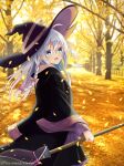  1girl absurdres ahoge autumn_leaves black_headwear blush bow braid broom commentary_request dot_nose elaina_(majo_no_tabitabi) eyebrows_visible_through_hair hair_between_eyes hair_bow hat highres holding holding_broom lake leaves_in_wind long_hair long_sleeves majo_no_tabitabi nakki_(toarumajyutushi) open_mouth purple_eyes revision signature silver_hair smile solo tree white_hair wide_sleeves wind witch witch_hat 