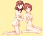  2girls alpha_(yukai_na_nakamatachi) bangs barefoot blue_eyes blush bow brown_eyes brown_hair completely_nude full_body groin hair_bow hairband heart heart_necklace highres hojo_karen idolmaster idolmaster_cinderella_girls jewelry looking_at_viewer multiple_girls navel necklace nipples nude off_shoulder open_clothes open_mouth open_shirt pink_hairband ponytail sakuma_mayu sitting smile wariza white_bow 