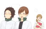  ... 1girl 2boys :p =3 black_hair blank_eyes brown_hair clipboard commentary_request futakuchi_kenji haikyuu!! holding holding_clipboard jacket laugh_111 multiple_boys nametsu_mai nose_bubble onagawa_tarou open_clothes open_jacket shirt short_hair side_ponytail sigh tongue tongue_out track_jacket 