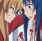  2girls aisaka_taiga bad_end blood blue_hair death decapitation evil_grin evil_smile grin guro kawashima_ami long_hair lowres multiple_girls murder open_mouth purple_eyes saliva smile tears toradora! yandere 