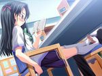  black_hair book censored footjob glasses kneehighs red_eyes school_uniform skirt socks table under_table 