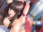  1girl ass ass_grab bed bent_over blush breasts brown_eyes brown_hair cuffs doggystyle game_cg hetero hime_to_boin huge_breasts nipples open_mouth princess_maple restrained sano_toshihide sex skirt skirt_lift solo_focus vaginal 