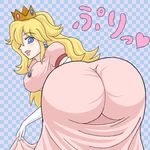  artist_request ass bent_over blonde_hair blue_eyes blush butt_crack dress heart huge_ass long_hair nintendo peach pink pink_dress pov_ass princess_peach shown skin_tight smile super_mario super_mario_bros super_mario_bros. translation_request 