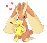  &lt;3 2018 ambiguous_gender anthro blush brown_eyes brown_fur duo feral fur holding_character kneeling lopunny mochitig nintendo nude open_mouth pikachu pink_eyes pink_nose pok&eacute;mon pok&eacute;mon_(species) romantic_couple simple_background size_difference video_games white_background yellow_fur 