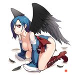  bare_shoulders black_wings blue_hair boots breasts cleavage detached_sleeves feathers highres japanese_clothes kneeling large_breasts meme50 original pink_eyes short_hair sleeves_past_wrists smile solo wings 
