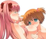  a1 aqua_eyes blue_eyes bow breast_sucking breasts brown_hair hair_bow haramura_nodoka kataoka_yuuki large_breasts long_hair multiple_girls pink_hair saki short_hair topless two_side_up yuri 