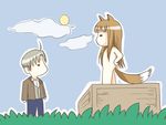  1girl ahoge animal_ears artist_request brown_hair clothed_male_nude_female craft_lawrence holo long_hair lowres nude outdoors spice_and_wolf tail upright_ahoge wolf_ears 