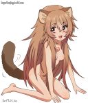  1girl 2019 :d animal_ears barefoot breasts brown_eyes brown_hair chest_tattoo dated feet ginko_(silver_fox) long_hair messy_hair nipples nude open_mouth pussy raccoon_ears raccoon_girl raccoon_tail raphtalia small_breasts smile solo tail tail_wagging tate_no_yuusha_no_nariagari tattoo uncensored very_long_hair 