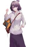  1girl absurdres bag bangs brown_hair cardigan closed_mouth collarbone commentary eyebrows_visible_through_hair fate/grand_order fate_(series) hair_between_eyes hair_bun hand_in_pocket highres katsushika_hokusai_(fate) lizard0221 long_skirt long_sleeves looking_at_viewer medium_hair purple_eyes purple_skirt simple_background skirt smile solo standing white_background white_cardigan 