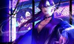  1girl breasts breasts_apart brown_eyes choker cross cross_necklace cynical_night_plan_(vocaloid) ear_piercing earrings fence hair_between_eyes jewelry kamato_il long_hair looking_at_viewer medium_breasts necklace official_art original parted_lips piercing purple_hair ring smoke upper_body vocaloid wire 