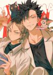  2boys :&lt; animal_on_head animal_on_shoulder artist_name black_cat black_hair black_shirt blonde_hair brown_eyes cat cat_on_head cat_on_shoulder claw_pose closed_mouth collarbone collared_shirt forehead haikyuu!! hair_between_eyes hair_ornament hairclip hand_up jacket kadeart kitten kozume_kenma kuroo_tetsurou looking_at_viewer male_focus multicolored_hair multiple_boys on_head open_clothes open_jacket parted_lips playing_games shirt short_hair simple_background slit_pupils spiked_hair streaked_hair symbol-only_commentary two-tone_hair upper_body v-shaped_eyebrows yellow_eyes 