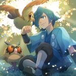  1boy bird black_wristband blue_eyes blue_hair blue_jacket blue_kimono closed_mouth commentary falkner_(pokemon) from_below grass hair_over_one_eye hakama hakama_pants highres hoothoot jacket japanese_clothes kimono kneehighs male_focus open_clothes open_jacket pants pidgey pokemon pokemon_(creature) pokemon_(game) pokemon_hgss shoes short_hair short_sleeves sitting smile white_legwear wristband zeroki_(izuno) 