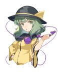  1girl :o absurdres coiled_cord cropped_torso eyebrows_behind_hair green_eyes green_hair hand_on_hip hat highres holding holding_phone komeiji_koishi light_blush long_hair looking_at_viewer open_mouth phone shirt simple_background solo third_eye touhou wb_yimo white_background wide_sleeves yellow_shirt 