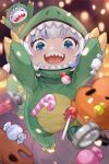  &gt;_&lt; 1girl :d absurdres arms_up bangs bloop_(gawr_gura) blue_eyes blue_hair candy candy_cane commentary_request dinosaur_costume food full_body gasekun gawr_gura highres hololive hololive_english lollipop looking_at_viewer multicolored_hair sharp_teeth short_hair silver_hair smile solo standing standing_on_one_leg teeth two-tone_hair upper_teeth v-shaped_eyebrows virtual_youtuber 