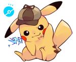  black_eyes brown_headwear closed_mouth commentary detective_pikachu detective_pikachu_(character) detective_pikachu_(game) full_body hat hatted_pokemon looking_at_viewer no_humans pikachu poke_ball_symbol pokemon pokemon_(creature) pokemon_(game) sitting smile solo una_(y070604) white_background yellow_fur 