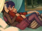  2girls absurdres arcane:_league_of_legends bandaged_arm bandaged_hand bandages bangs black_hair blurry blurry_background breasts brown_pants caitlyn_(league_of_legends) curtains feet_out_of_frame from_side highres jacket league_of_legends lin_jingai long_sleeves looking_at_another lying multiple_girls on_back open_clothes open_jacket pants pantyhose parted_lips pillow ponytail profile red_hair red_jacket short_sleeves sitting small_breasts smile striped striped_pants vi_(league_of_legends) yuri 