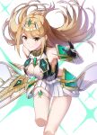  .com 1girl aegis_sword_(xenoblade) bangs bare_legs bare_shoulders blonde_hair breasts chest_jewel cleavage cleavage_cutout clothing_cutout dress earrings elbow_gloves gloves jewelry large_breasts long_hair mythra_(xenoblade) short_dress swept_bangs thigh_strap tiara very_long_hair white_dress white_gloves xenoblade_chronicles_(series) xenoblade_chronicles_2 yellow_eyes 