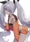  1girl angry blue_archive bow camisole dark-skinned_female dark_skin dolphin_shorts hair_bow highres iori_(blue_archive) jacket long_hair off_shoulder orange_jacket orange_shorts pointy_ears red_eyes short_shorts shorts silver_hair simple_background solo sweat syhan twintails very_long_hair white_background 