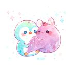  :3 ;3 animal animal_focus bat bird bisquii blush chibi closed_mouth commentary friends full_body hug one_eye_closed original painting_(medium) penguin simple_background sparkle traditional_media watercolor_(medium) white_background 