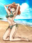  1girl armpits arms_up asahina_yurina barefoot beach bikini blue_sky breasts brown_hair checkered checkered_bikini cloud day green_eyes hair_ribbon highres horizon kneeling long_hair looking_at_viewer medium_breasts ocean outdoors ribbon satou_miyou side-tie_bikini sky solo super_real_mahjong swimsuit twintails waves 