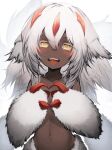  1girl absurdres blush claws dark-skinned_female dark_skin faputa flat_chest fur hair_between_eyes highres long_hair made_in_abyss monster_girl multiple_tails navel open_mouth sharp_teeth simple_background solo tab_head tail teeth topless white_background white_hair yellow_eyes 