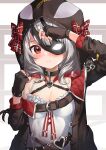 1girl absurdres black_gloves black_jacket blush breast_strap breasts cleavage commentary_request fingerless_gloves gloves highres hololive jacket looking_at_viewer mask_over_one_eye orca_hood pizza_(artist) red_eyes sakamata_chloe small_breasts smile solo virtual_youtuber white_hair 