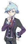  1boy belt belt_buckle black_jacket black_pants blue_hair buckle chin_stroking collared_shirt commentary_request cowboy_shot grey_background hand_on_hip hand_up jacket long_sleeves male_focus momoji_(lobolobo2010) necktie open_clothes open_jacket pants parted_lips pokemon pokemon_(game) pokemon_oras red_necktie shirt short_hair simple_background solo spiked_hair steven_stone vest white_shirt 