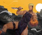  1boy apron bara black_apron blonde_hair blood brown_hair bulge commission dagger dark-skinned_male dark_skin dutch_angle ear_piercing facial_hair feet_out_of_frame ghost goatee halloween holding holding_dagger holding_weapon jack-o&#039;-lantern jin_(sirius-j) jockstrap knife large_pectorals looking_at_viewer male_focus male_underwear male_underwear_peek mature_male multicolored_hair muscular muscular_male navel nipples orange_male_underwear original pectorals piercing romg scar scar_across_eye scar_on_cheek scar_on_face short_hair sideburns sidepec solo spiked_hair thick_eyebrows thick_thighs thighs two-tone_hair undercut underwear weapon 