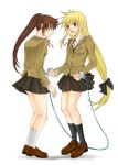  2girls blonde_hair blue_eyes blush brown_hair couple eye_contact fate_testarossa hair_ribbon happy highres jump_rope jumping legs long_hair looking_at_another lyrical_nanoha mahou_shoujo_lyrical_nanoha mahou_shoujo_lyrical_nanoha_a&#039;s multiple_girls open_mouth red_eyes ribbon school_uniform side_ponytail simple_background skirt smile takamachi_nanoha thighs uniform user_gtme3752 white_background yuri 