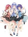  3girls :d black_footwear black_skirt blue_eyes blue_footwear blue_hair blue_ribbon blue_vest blush brown_eyes brown_footwear chimame-tai collared_shirt floating_hair flower full_body gochuumon_wa_usagi_desu_ka? hair_ornament highres jouga_maya kafuu_chino kneehighs long_hair long_sleeves looking_at_viewer mary_janes miniskirt multiple_girls natsu_megumi neck_ribbon outstretched_arm panties pantyshot pink_vest rabbit_house_uniform red_eyes red_hair ribbon shiny shiny_hair shirt shoes short_hair skirt smile takashina_masato twintails underwear vest white_flower white_legwear white_panties white_shirt wing_collar x_hair_ornament 