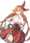  1girl :&lt; bangs bare_shoulders belt blush bow_hairband breasts clarisse_(granblue_fantasy) collared_shirt commentary corset detached_sleeves flask granblue_fantasy green_eyes hair_between_eyes hair_intakes hairband highres long_hair looking_at_viewer lying medium_breasts mikokomiyazawa on_back orange_hair plaid plaid_skirt red_skirt shadow shirt simple_background skirt sleeves_past_wrists solo thighhighs twintails white_background white_shirt 