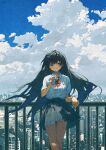  1girl black_hair blue_eyes bow cloud drinking_straw film_grain highres juice_box leaning_on_rail long_hair looking_at_viewer original outdoors potg_(piotegu) scenery school_uniform signature skirt solo very_long_hair wind wind_lift 