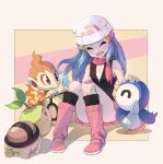  1girl :d bare_arms beanie black_legwear black_shirt blue_hair boots chimchar closed_eyes commentary_request dawn_(pokemon) eyelashes hair_ornament hairclip hat headpat highres kneehighs knees long_hair open_mouth petting pink_footwear pink_scarf piplup pokemon pokemon_(creature) pokemon_(game) pokemon_dppt samiou scarf shirt sidelocks sitting sleeveless sleeveless_shirt smile starter_pokemon_trio turtwig white_headwear 