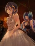  2girls absurdres alternate_costume black_hair blue_fire breasts brighid_(xenoblade) closed_eyes curvy elbow_gloves fiery_hair fire gala_dress gloves highres large_breasts long_hair morag_ladair_(xenoblade) multiple_girls purple_hair remaco thighhighs very_long_hair xenoblade_chronicles_(series) xenoblade_chronicles_2 