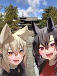  2girls :d animal_ears architecture blush cloud day earbuds earphones east_asian_architecture hair_between_eyes horse_ears kurokoma_saki looking_at_viewer multiple_girls no_hat no_headwear outdoors photo_background pointy_hair red_eyes smile syuri22 touhou toyosatomimi_no_miko tree yellow_eyes 