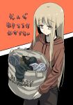  1girl bag bangs blonde_hair bra brown_eyes copyright_name english_text eyebrows_visible_through_hair highres holding holding_bag hood hood_down hoodie izumi_sumi laundry long_hair long_sleeves nande_ikiteru_ka_wakaranai_hito_izumi_sumi_25-sai pants ringoanu shirt solo translated underwear 