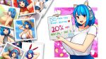  1girl ad bangs blue_hair blush breasts cleavage english_text erkaz eyebrows_visible_through_hair hands_up hat headphones huge_breasts medium_hair open_mouth original red_eyes rina_atherina santa_hat shirt short_sleeves sign smile solo upper_body white_shirt 