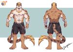  1boy abs animal_ears bara barefoot black_shorts blonde_hair brown_hair bulge chain chest_hair commission ear_piercing facial_hair forgetch_(chen0for) full_body furrification furry furry_male goatee highres large_pectorals lion_boy lion_ears lion_tail looking_at_viewer male_focus mature_male multicolored_hair multiple_views muscular muscular_male navel nipples original pectorals piercing romg scar scar_across_eye scar_on_back scar_on_cheek scar_on_chest scar_on_face short_hair shorts sideburns spiked_hair stomach stomach_tattoo tail tattoo thick_eyebrows topless_male two-tone_hair undercut 