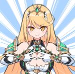  1girl bangs bare_shoulders blonde_hair breasts chest_jewel cleavage cleavage_cutout clothing_cutout dress earrings elbow_gloves gloves highres jewelry large_breasts long_hair motion_blur mythra_(xenoblade) paskmel short_dress solo swept_bangs tiara very_long_hair white_dress white_gloves xenoblade_chronicles_(series) xenoblade_chronicles_2 yellow_eyes 