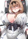  10eki_(tenchou) absurdres blue_archive blush bow breasts brown_hair chinatsu_(blue_archive) closed_eyes glasses hair_bow halo heart highres japanese_clothes kimono large_breasts massage_chair pointy_ears simple_background sweat white_background 