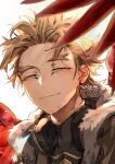  1boy artist_name blurry blurry_foreground bokeh boku_no_hero_academia close-up closed_mouth depth_of_field earrings facial_hair forehead fur_trim goatee gold_trim hawks_(boku_no_hero_academia) headphones jewelry kadeart looking_at_viewer male_focus short_hair simple_background smirk solo spiked_hair stubble sunlight symbol-only_commentary thick_eyebrows upper_body white_background wide-eyed wings yellow_eyes 