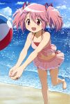  1girl :d absurdres ball bangs bare_arms bare_legs barefoot beach beachball bikini bikini_skirt blue_sky cloud collarbone day eyebrows_visible_through_hair hair_between_eyes hair_ornament highres horizon jewelry kaname_madoka layered_bikini magia_record:_mahou_shoujo_madoka_magica_gaiden mahou_shoujo_madoka_magica megami_magazine nail_polish navel ocean official_art open_mouth outdoors pink_bikini pink_eyes pink_hair ring scan short_twintails sky smile solo sparkle swimsuit twintails water_drop 