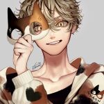  1boy brown_eyes brown_hair commentary_request copyright_request grey_background hair_between_eyes hand_up highres holding holding_mask kamato_il long_sleeves looking_at_viewer mask parted_lips portrait second-party_source short_hair signature simple_background smile upper_body 