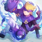  1boy arm_support bangs black_footwear black_sweater blonde_hair blue_eyes closed_mouth commentary gastly highres long_sleeves male_focus mismagius morty_(pokemon) pants pokemon pokemon_(creature) pokemon_(game) pokemon_hgss purple_headband purple_scarf ribbed_sweater scarf shoes short_hair sitting smile sweater white_pants zeroki_(izuno) 