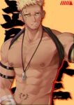  1boy abs armlet artist_request bandaged_arm bandages bara bare_pectorals belt black_shirt blonde_hair brown_hair clothes_lift commission dark-skinned_male dark_skin dog_tags ear_piercing facial_hair goatee highres large_pectorals male_focus mature_male multicolored_hair muscular muscular_male navel navel_hair nipples original out-of-frame_censoring pectorals piercing romg scar scar_across_eye scar_on_cheek scar_on_face second-party_source shirt shirt_behind_neck shirt_lift short_hair sideburns solo spiked_hair stomach stomach_tattoo tattoo thick_eyebrows two-tone_hair undercut upper_body 