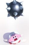  1other :d blue_eyes blush_stickers choco_(chocovix112) commentary_request cosplay from_above grey_background highres kirby kirby_(series) looking_up mario_(series) piranha_plant piranha_plant_(cosplay) shadow smile solo spike_ball super_smash_bros. 
